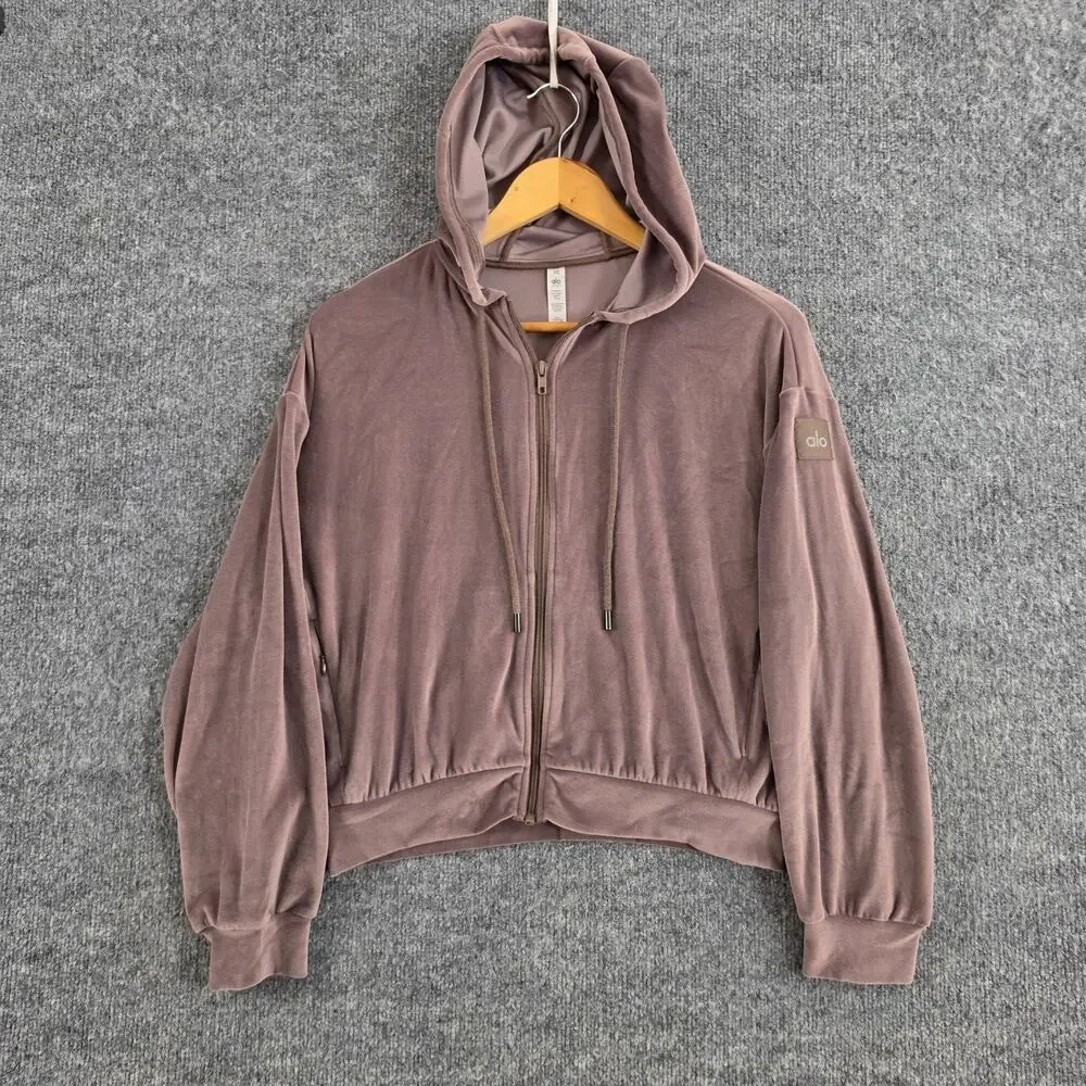 Alo Yoga Hoodie Women XS Velour Glimmer Full Zip Brown Yoga Gym Athleisure Chic
